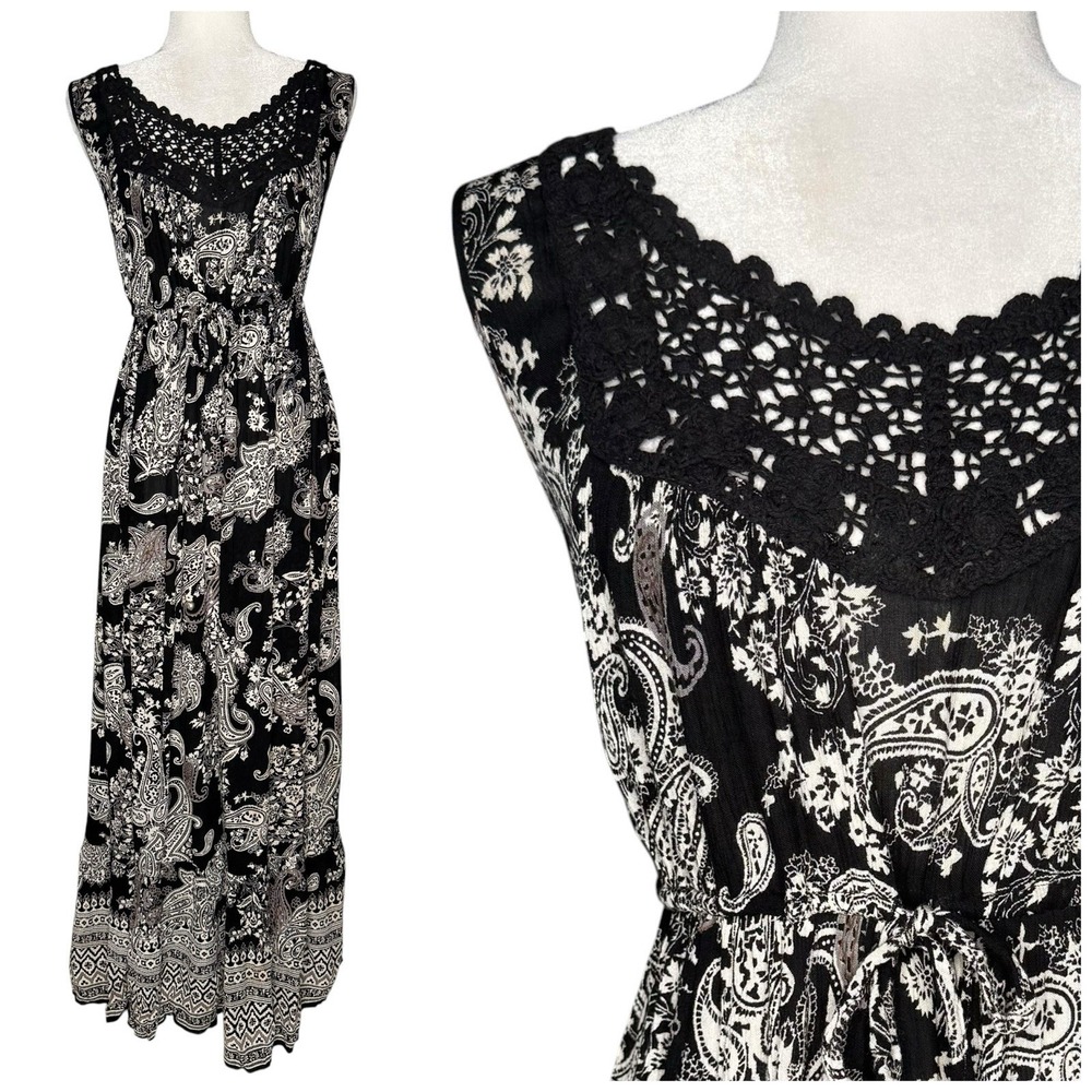 NWT Bila XL Crochet Boho Maxi Drawstring Waist Dress Black Festival Hippie